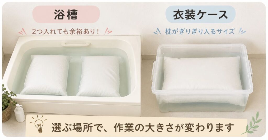 枕をオキシ漬けする場所として浴槽と衣装ケースを比べたようす