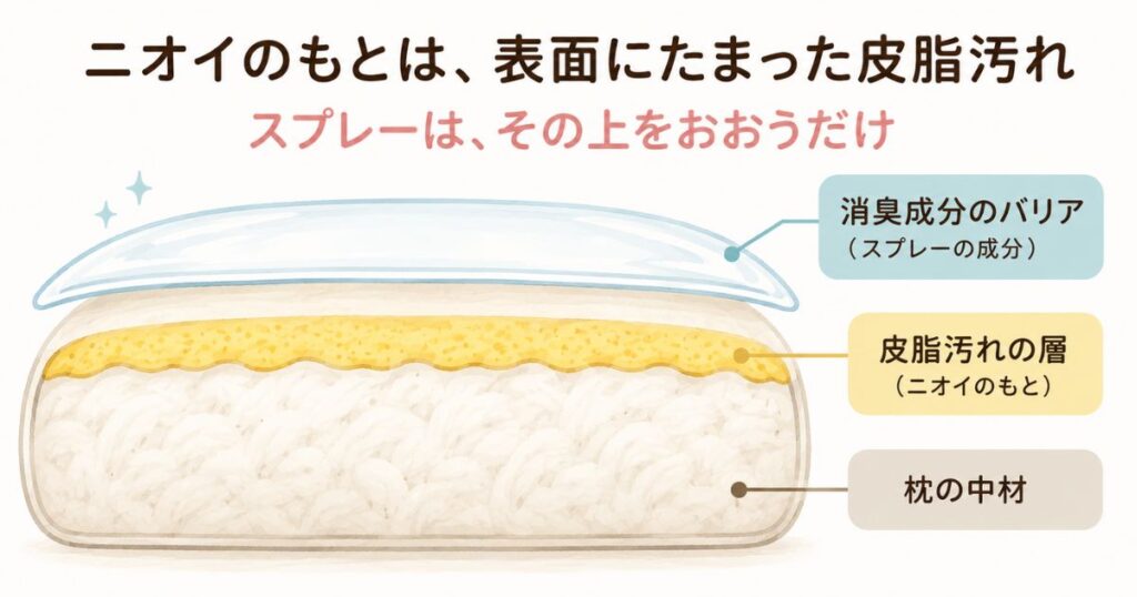 枕の表面にたまった皮脂汚れとその上をおおう消臭成分の断面イメージ