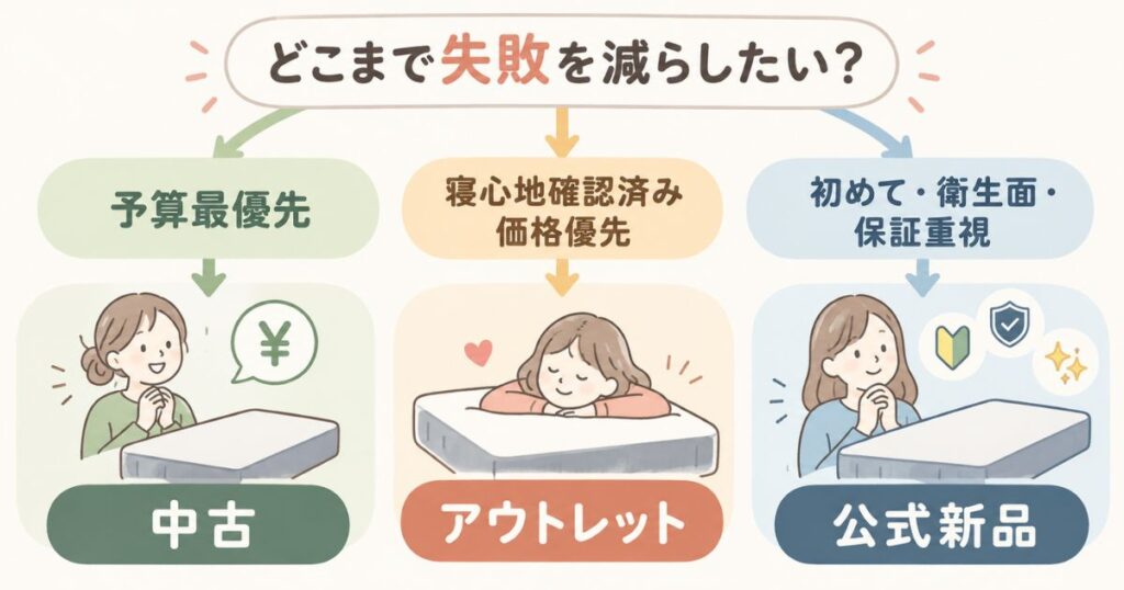 コアラマットレスを予算最優先なら中古、寝心地確認済みならアウトレット、初めてなら公式新品へ分ける選び分け図