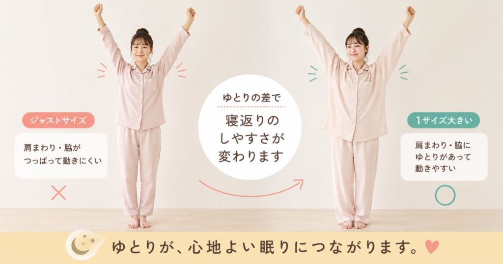 ジャストサイズと1サイズ大きいパジャマを着比べたときの肩まわりのゆとりの違い