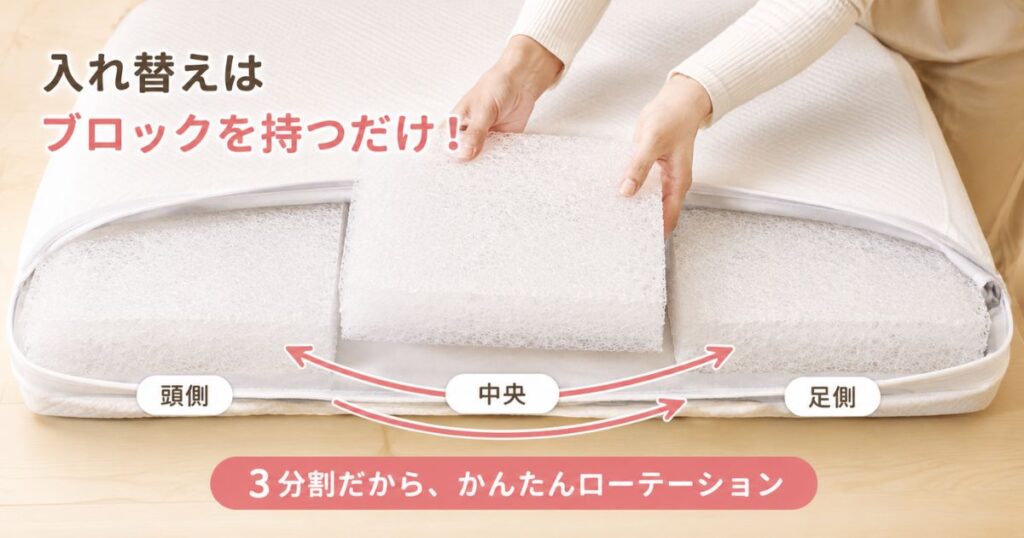 エアウィーヴの耐久年数を延ばすため3分割の中材ブロックを入れ替えているところ
