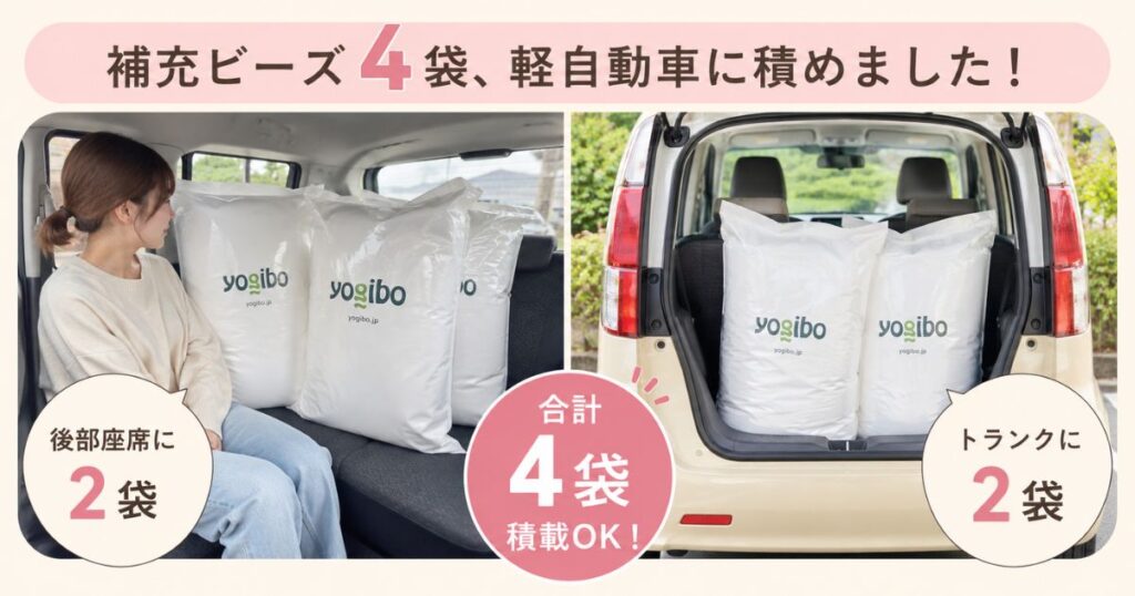 ヨギボーの補充ビーズ4袋を車に積み込んだときの大きさ