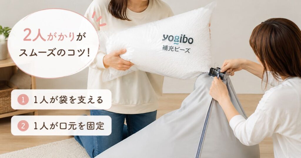 Yogiboのインナーに補充ビーズを2人がかりで流し込んでいる作業の様子