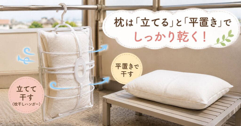 オキシ漬けした枕を枕干しハンガーで立てて乾かしているようす