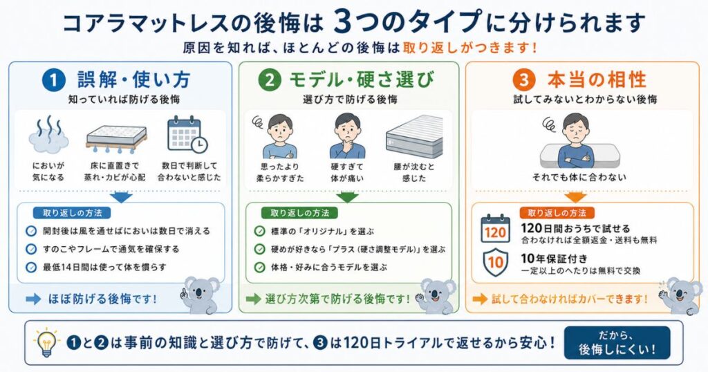 コアラマットレス 後悔 原因 3タイプ 仕分け 図解