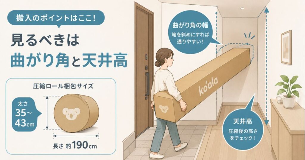 コアラマットレスの圧縮梱包の箱を廊下の曲がり角へ搬入する様子
