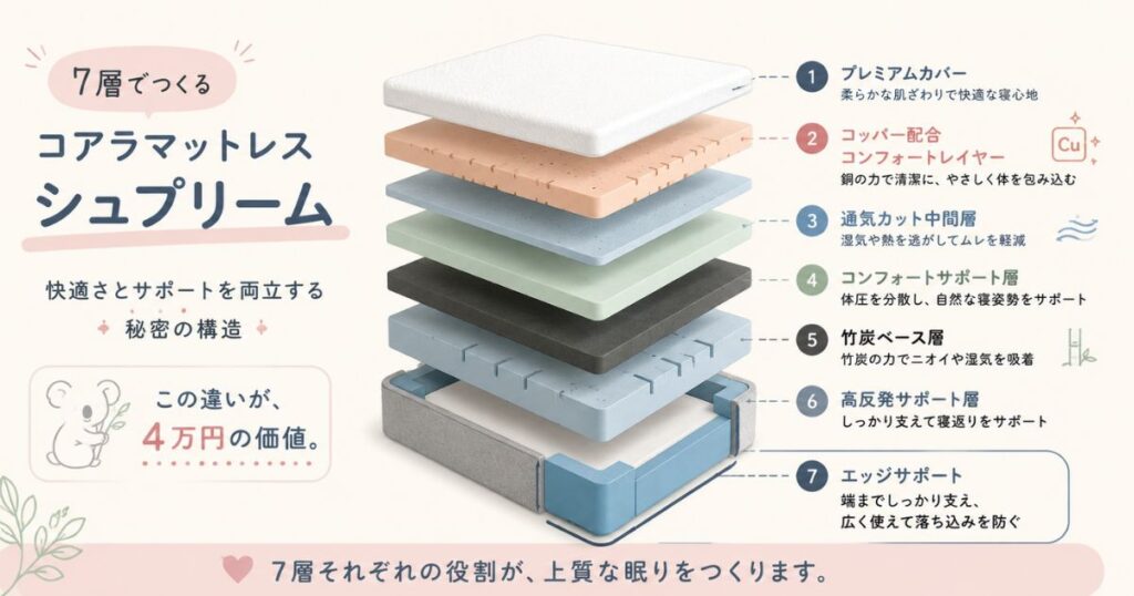 コアラマットレスシュプリームの7層構造とエッジサポートの位置を示した断面図