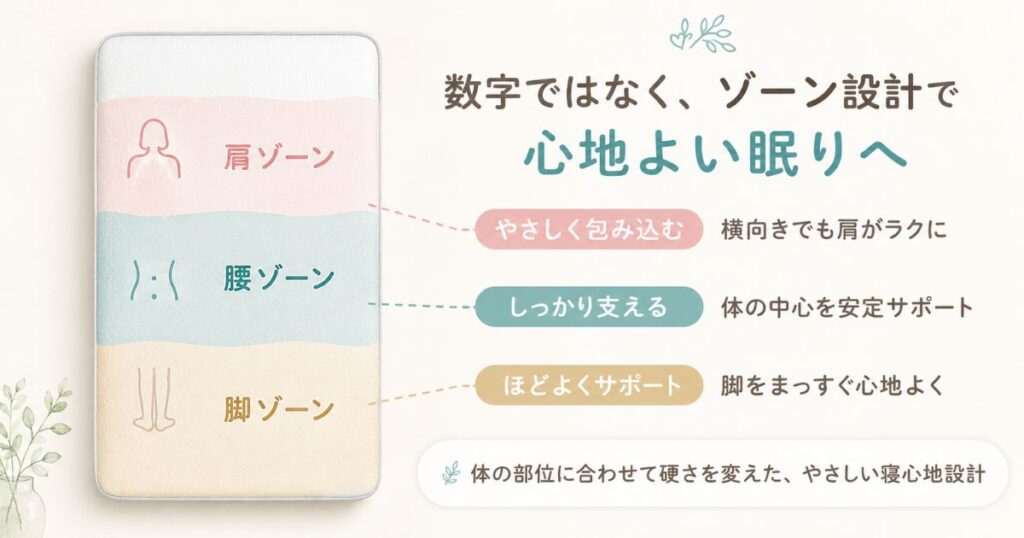 肩と腰と脚で硬さを変えたコアラマットレスのゾーニング構造