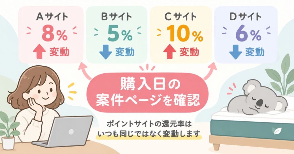 コアラマットレスを扱う主要ポイントサイトの還元率が変動し購入日に確認することを示した図