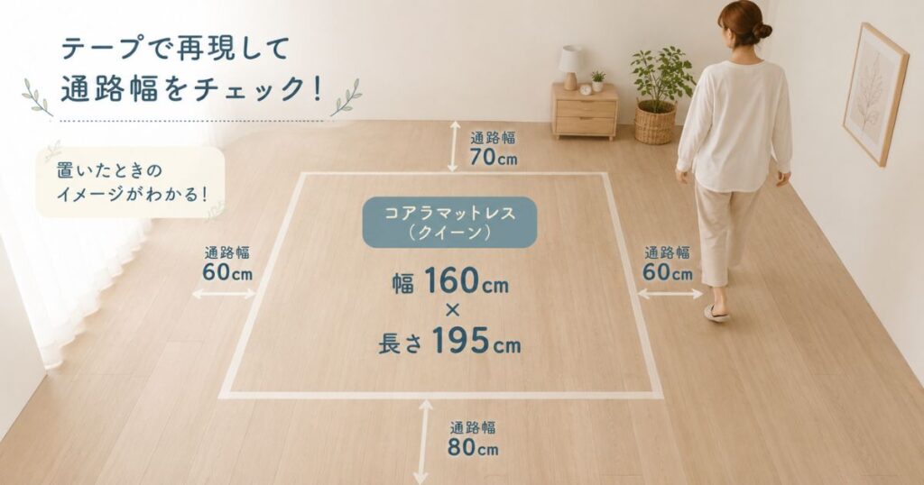 寝室の床にマスキングテープでコアラマットレスのサイズを再現して通路幅を測る様子