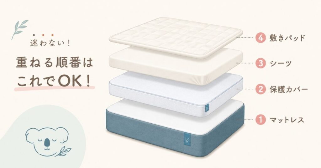 コアラマットレスに保護カバーとシーツと敷きパッドを重ねる順番の図