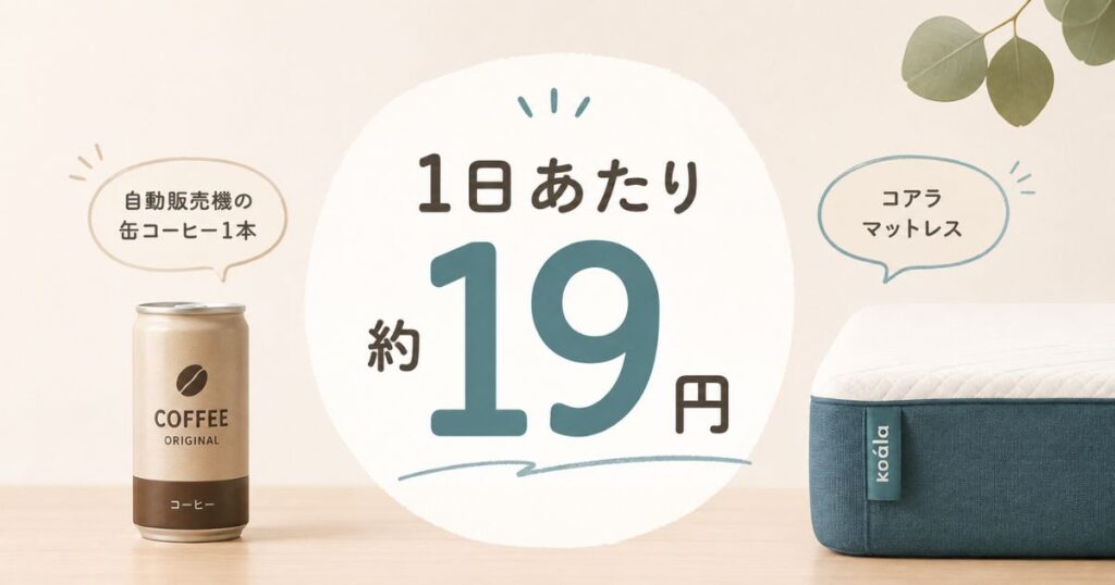 コアラマットレスの値段を保証期間で割った1日あたり約19円という金額のイメージ