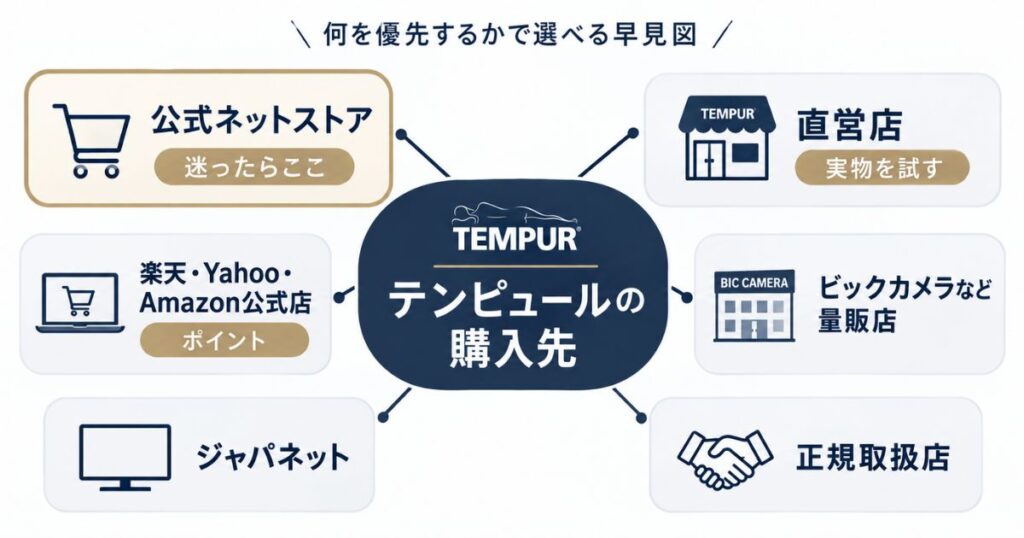 テンピュールを公式ネットストア・Amazon・楽天・Yahoo・量販店から選ぶ購入先早見図