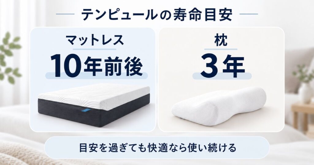 テンピュールのマットレスは10年前後、枕は3年が寿命と買い替えの目安