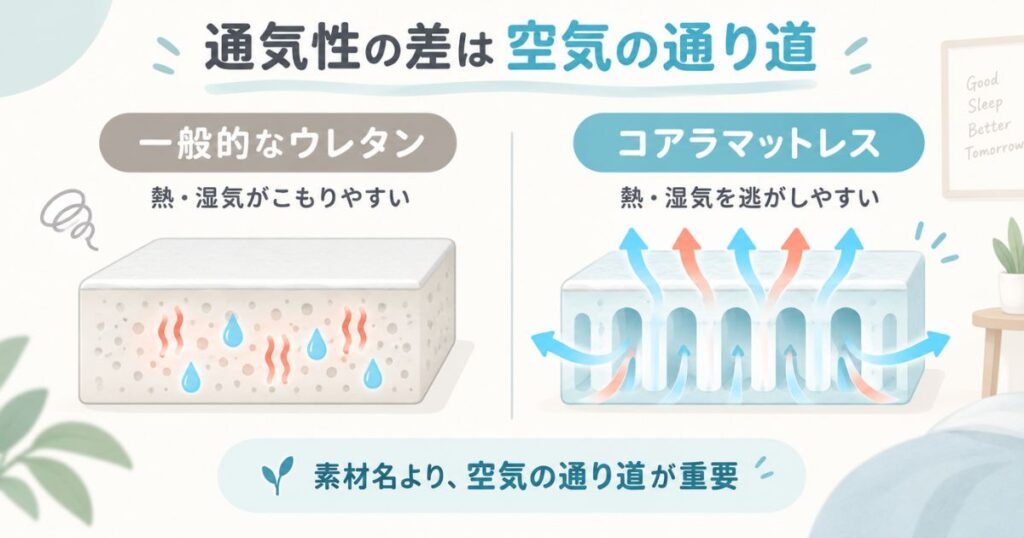 コアラマットレスの通気性とウレタン内部から熱や湿気を逃がす構造