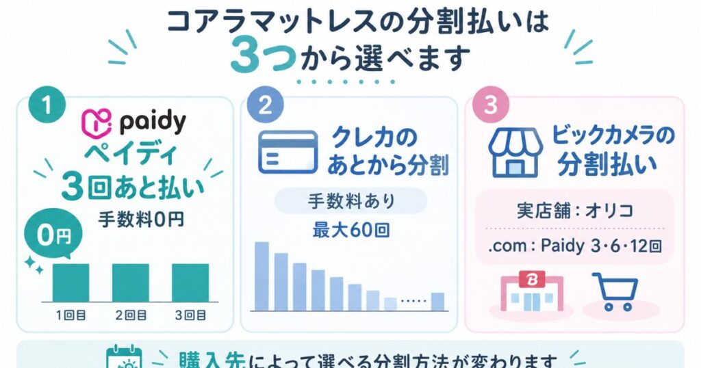 コアラマットレスの分割払いはペイディ3回・クレカのあとから分割・ビックカメラの3つから選べます