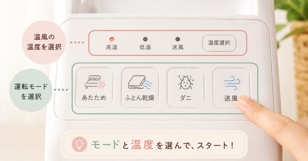 布団乾燥機の操作パネルでモードと温風の温度を選んでいるところ