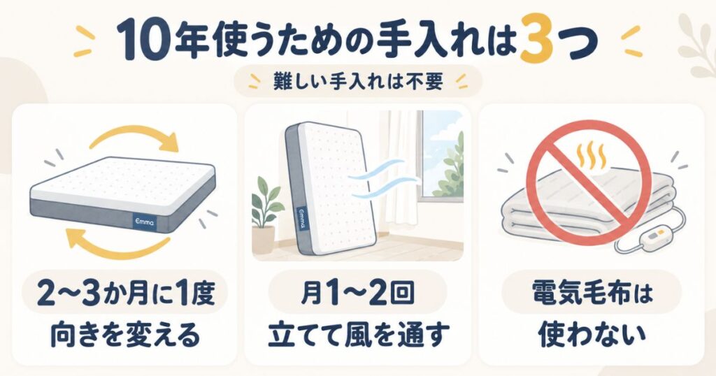 エマスリープを10年使うための向き変更・通気・電気毛布を避ける手入れ方法