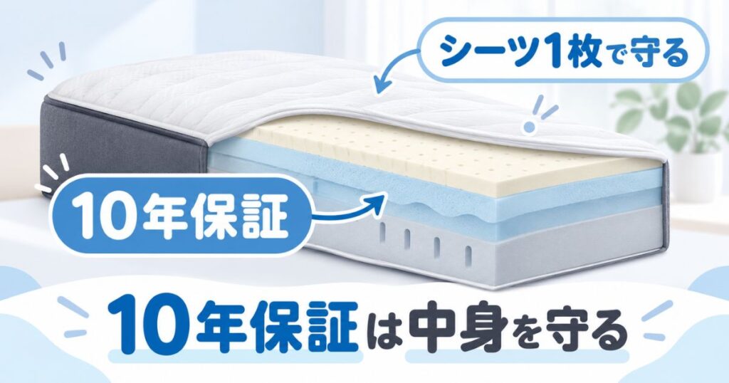 エマスリープのマットレス断面で、中のウレタンは10年保証、表面のカバーはシーツで守る役割分担を示した図解