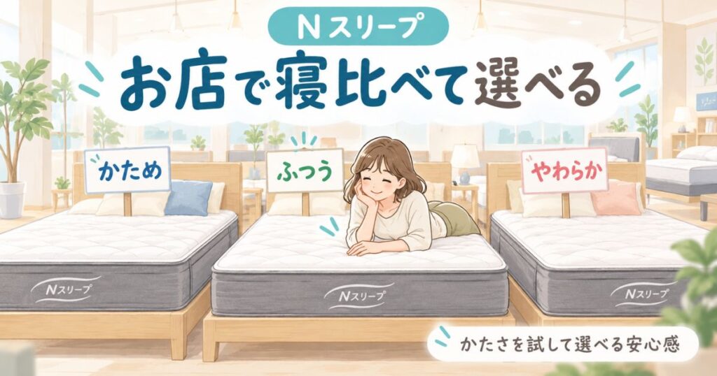 ニトリの店舗に硬さの違うNスリープが並び、寝比べて選べる様子を描いたイラスト