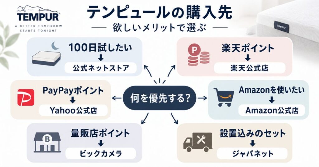 テンピュールの購入先を100日お試し・楽天ポイント・PayPay・Amazon・量販店・設置サービスで選ぶ図