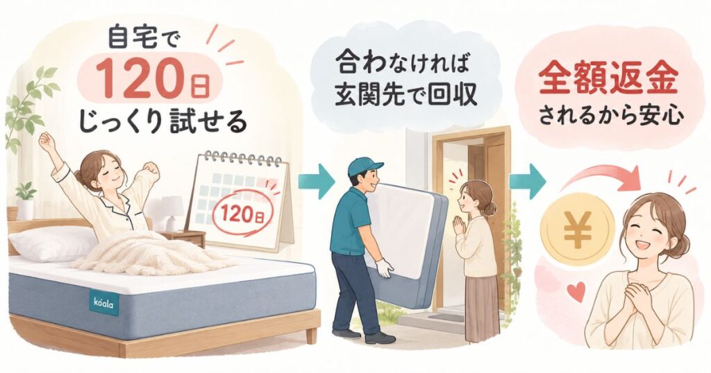 コアラマットレスを自宅で120日試し、合わなければ玄関先で回収して全額返金される流れの図