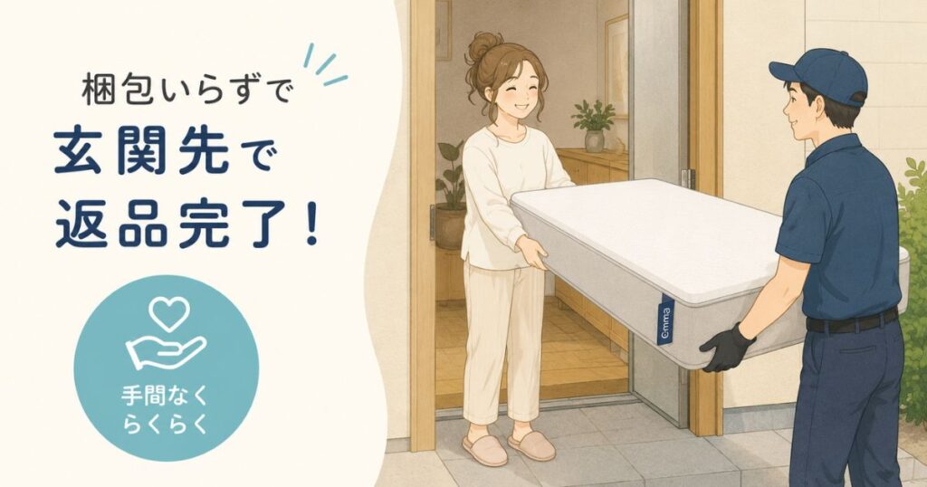 エマスリープを梱包せず玄関先で回収業者に渡して返品している場面