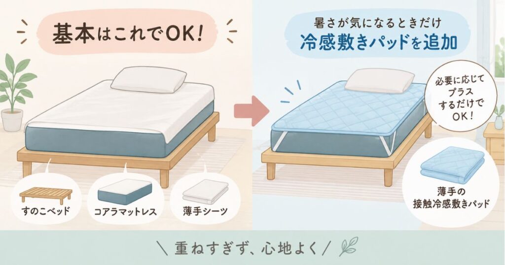 コアラマットレスが蒸れる場合のすのこベッドと薄手シーツと冷感敷きパッドの組み合わせ