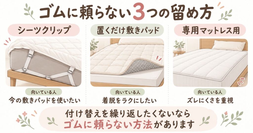 シーツクリップ、置くだけの敷きパッド、専用マットレスと組み合わせる敷きパッドの比較図